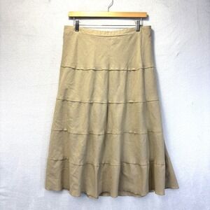 Linen Blend Midi Peasant Skirt Womens XL Beige Tiered Elastic Waist Boho Country